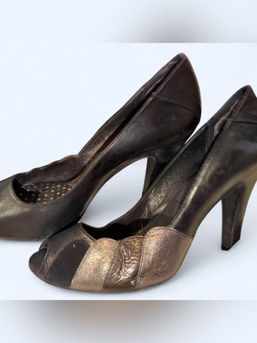 Miss Sixty Brown and Metallic Bronze Peep-Toe Heels size 39 8 Made in Italy